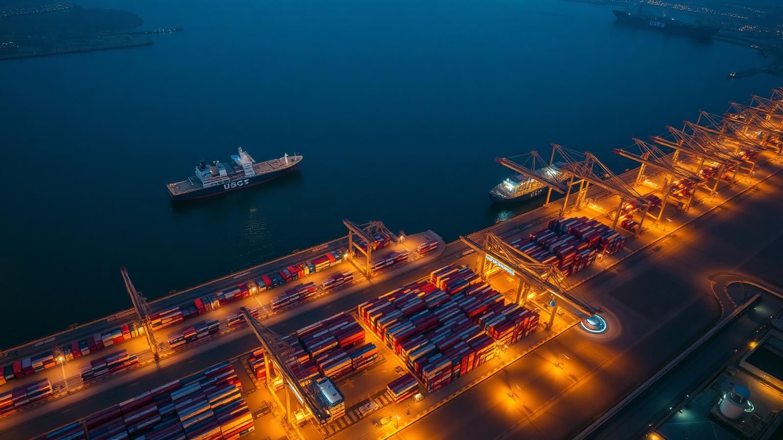 Aerial view of a major container port at night